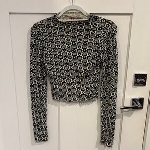 Urban Outfitters Black & White Geo Tile Long-Sleeve Crop Top